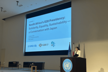 Parliamentary Vice Minister Eri Arfiya addresses the G20 symposium in Tokyo, discussing Japan-South Africa cooperation on global challenges.