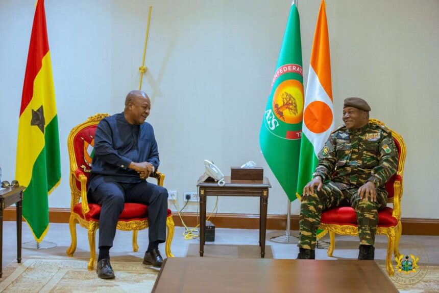 Ghana’s President John Dramani Mahama meets with Niger’s Head of State, General Abdourahamane Tchiani, to discuss regional security and economic cooperation.