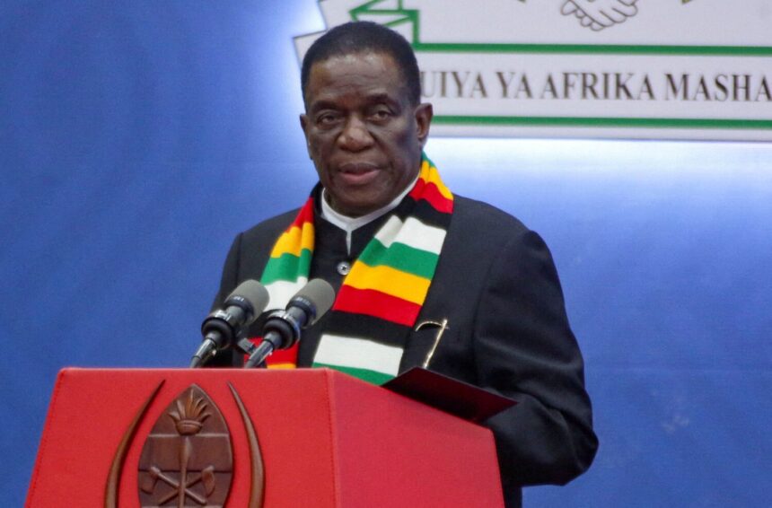 Zimbabwe President Emmerson Mnangagwa addresses delegates at a joint summit from the Southern African Development Community (SADC) and the East African Community (EAC) to discuss the conflict in eastern Congo, in Dar es Salaam, Tanzania February 8, 2025. REUTERS/Emmanuel Herman/File Photo