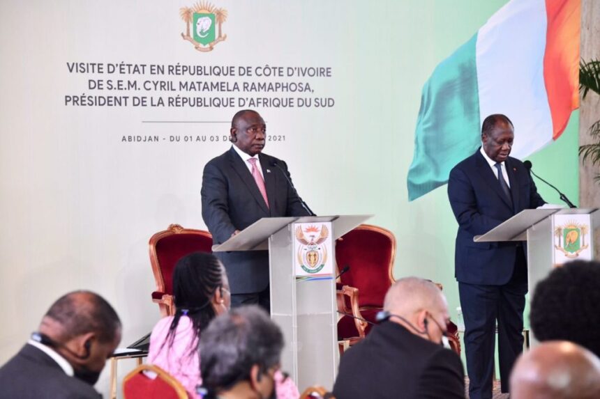 President Cyril Ramaphosa and President Alassane Ouattara during Ramaphosa’s state visit to Abidjan, Côte d’Ivoire, in December 2021
