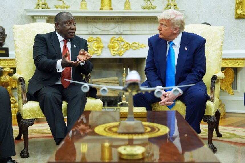 President Donald Trump meets South African President Cyril Ramaphosa in the Oval Office of the White House on Washington, DC, on May 21. Evan Vucci/AP