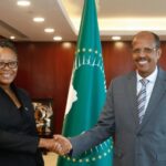 Ambassador Nts’iuoa Sekete meets AUC Chair Mahmoud Ali Youssouf to reaffirm Lesotho’s support for AU goals.