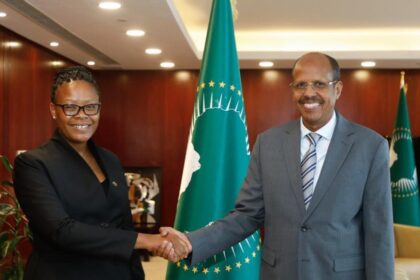 Ambassador Nts’iuoa Sekete meets AUC Chair Mahmoud Ali Youssouf to reaffirm Lesotho’s support for AU goals.