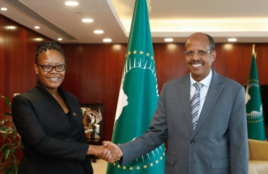 Ambassador Nts’iuoa Sekete meets AUC Chair Mahmoud Ali Youssouf to reaffirm Lesotho’s support for AU goals.