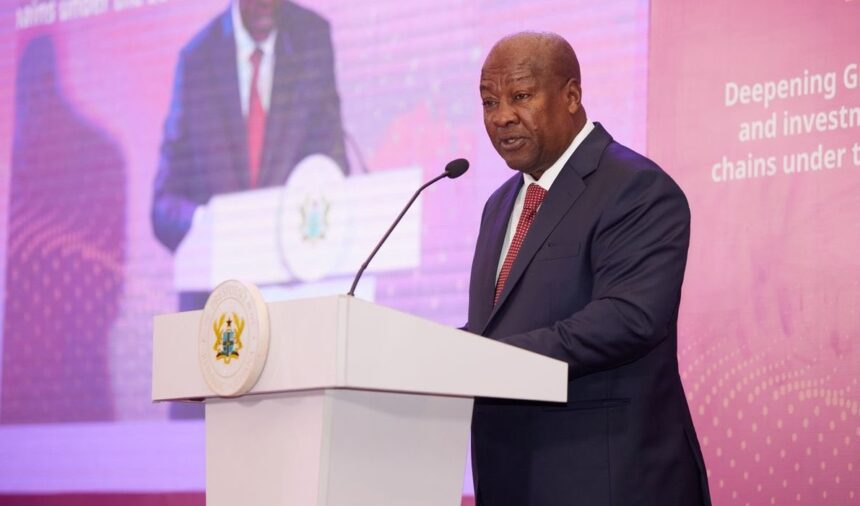 President John Dramani Mahama addressing the Ghana-EU Business Forum, inviting European investors to explore opportunities in Ghana’s key sectors.