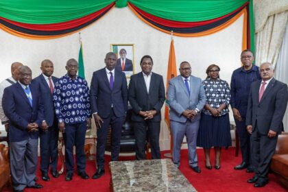 Zambian President Hakainde Hichilema receives South African Minister of International Relations and Cooperation, Ronald Ozzy Lamola, during a courtesy visit in Lusaka to discuss condolences and burial arrangements for former President Edgar Chagwa Lungu.