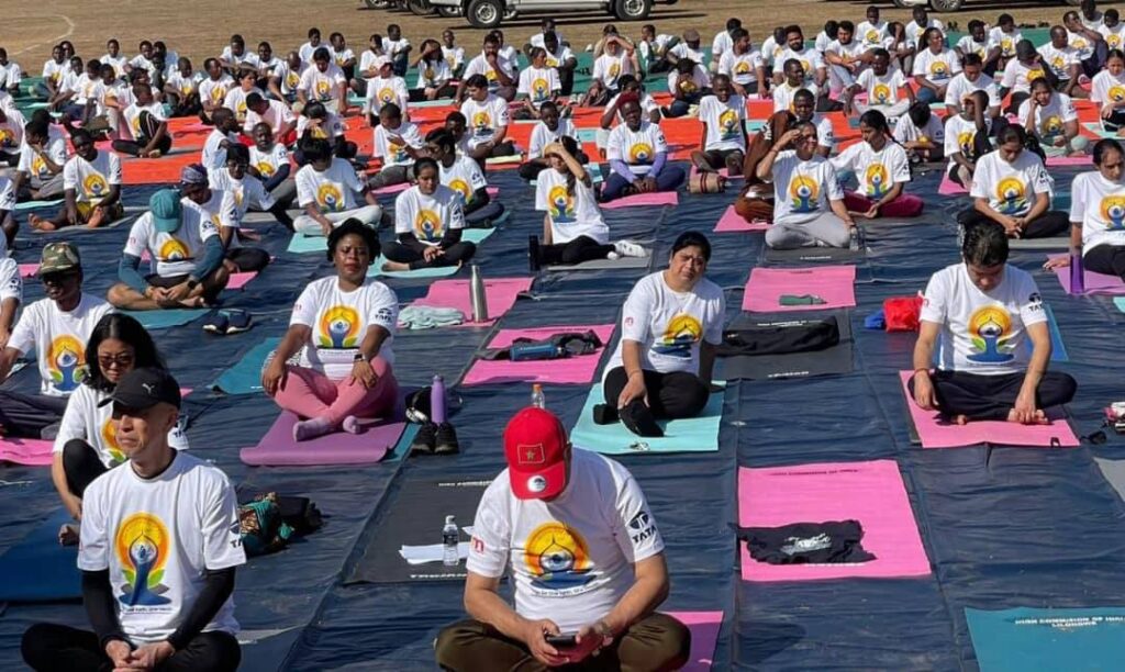 Participants take part in a group yoga session during the International Day of Yoga commemoration held in Malawi on 27 June 2025.